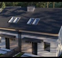 A semi-detached house on Sasinkovo Street in Sasinkovo with a sloped roof and a lawn.