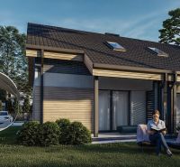 A family house in Sasinkovo with a terrace, garden seating, and a car on the driveway.