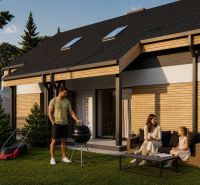 A family house in Sasinkovo with a wooden facade decor and a garden seating area for barbecuing.