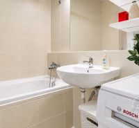 Bathroom in a 2-room apartment with a bathtub, sink, and washing machine.