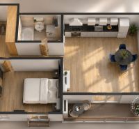 3D floor plan of a 2-room apartment with wood-patterned flooring, a kitchen, and a balcony.