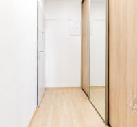 A hallway in a 2-room apartment with a wooden decor floor and a built-in wardrobe.