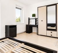 A bright room with wood-patterned flooring in a 2-room apartment, modern furniture.