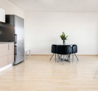 A kitchen in a two-room apartment with a wooden decor floor and simple furniture.