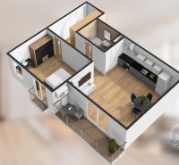 Visualization of a 2-room apartment with wood-patterned flooring and a balcony.