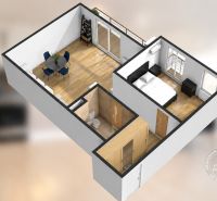 3D floor plan of a 2-room apartment with wood decor flooring, a dining table, and a bedroom.