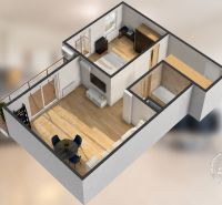 Visualization of a 2-room apartment with wooden decor flooring and a balcony.