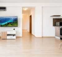 Living area of a two-room apartment with a wooden decor floor and a TV on the wall.