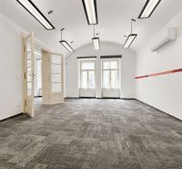 Offices with white walls, carpeted floors, and large windows.