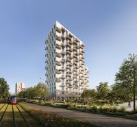 Modern apartment construction on Mlynské Nivy in Bratislava-Ružinov, next to the tram line.
