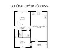 Floor plan of a 3-room apartment with a bedroom, living room with kitchen, and a loggia.