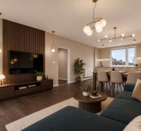 Living room with wood-patterned flooring, a dining table, and a comfortable sofa in a three-room apartment.