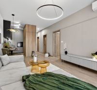 Living room in a two-room apartment with a wooden decor floor and comfortable seating.