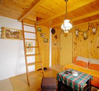 A wooden interior of a cabin with a ladder and a wood-burning stove, complemented by hunting decorations.