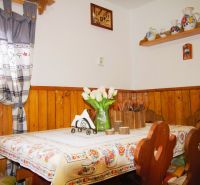 Interior of a cabin with a table, rustic decoration, and wooden wall paneling.