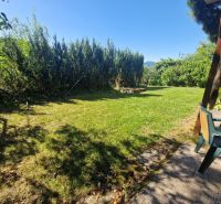 Garden space in Žilina near the cottage with chairs and greenery, surrounded by trees.