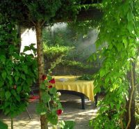 Garden seating by the cottage in Žilina, surrounded by greenery and flowers.