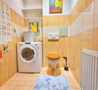 A bathroom with a washing machine, toilet, and an art painting in a 3-room apartment.