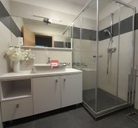 Bathroom in a 2-room apartment with a glass shower enclosure and a large mirror.