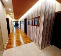 Interior of a family house with a wooden decor floor and striped walls.