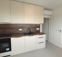 A kitchen in a 2-room apartment with white cabinets and a wood-patterned floor.