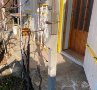 Entrance to the cottage with wooden doors in Banka, where there are also vineyards and flowers.