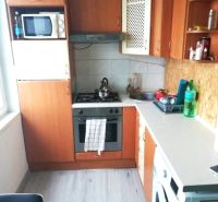 A kitchen in a studio apartment with a wood-patterned floor, basic appliances, and cabinets.