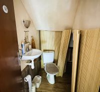 Bathroom with toilet and sink, floor with wood decor, family house.