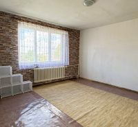 A room with a large window, carpet, and brick-patterned walls in a family house.