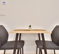 Dining area with a table and two chairs in a studio apartment.