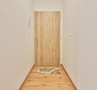 A narrow corridor with white walls and doors with a wooden decor in a studio apartment.