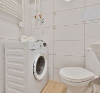 A bathroom in a studio apartment with a washing machine, toilet, and a floor with a wooden decor.