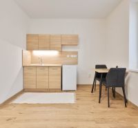 Studio apartment with a kitchenette, refrigerator, and table, complemented by a floor with a wooden decor.