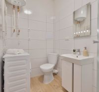 A bathroom in a studio apartment with a washing machine, toilet, sink, and boiler, floor with wooden decor.