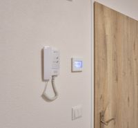 A door with a wooden decor and an intercom in a studio apartment.