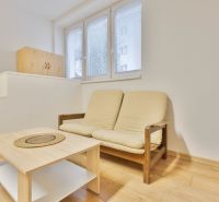 Studio apartment with a sofa, table, and wood-patterned flooring.