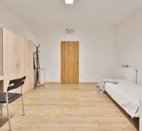 Studio apartment with a bed, wardrobe, table, and floor with wood decor.