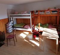 Bunk beds, wood-burning stove, and furniture in the room in a family house.