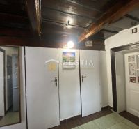 The hallway of a family house with wooden ceiling paneling and white doors.