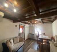 Living room in a family house with a wooden ceiling and a floor with a wooden decor.