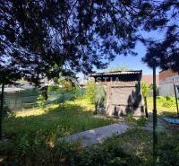 A garden at a family house in Borský Mikuláš with a wooden structure and trees.