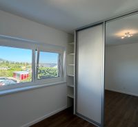 A room with a built-in wardrobe, wood-patterned flooring, a large window with a view.