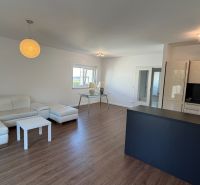 Living room in a three-room apartment with a white sofa and a wooden decor floor.