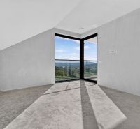 A spacious room in a 5 or more bedroom apartment with large windows and a concrete floor.