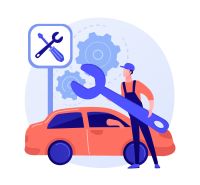 Mechanic in overalls with a huge wrench by a car and a service board.