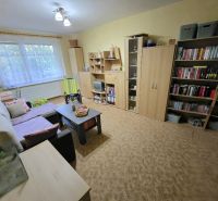 Living room in a 4-room apartment with a large sofa, table, and bookshelf.