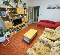 Living room in a 4-room apartment with a sofa, a red seating nook, and a wall shelf.