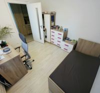 A room in a 4-room apartment with wooden floor decor, a bed, and a desk.