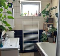 Bathroom in a 3-room apartment with a bathtub, plants, and a small window.