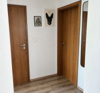 A hallway in a 3-room apartment with a wooden decor floor and wooden doors.